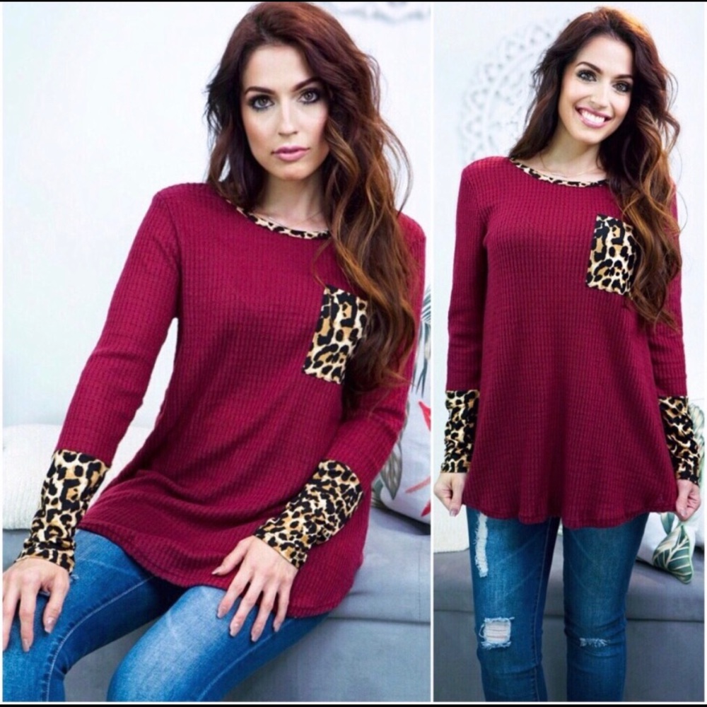 Hacci Brushed Burgundy Leopard Top